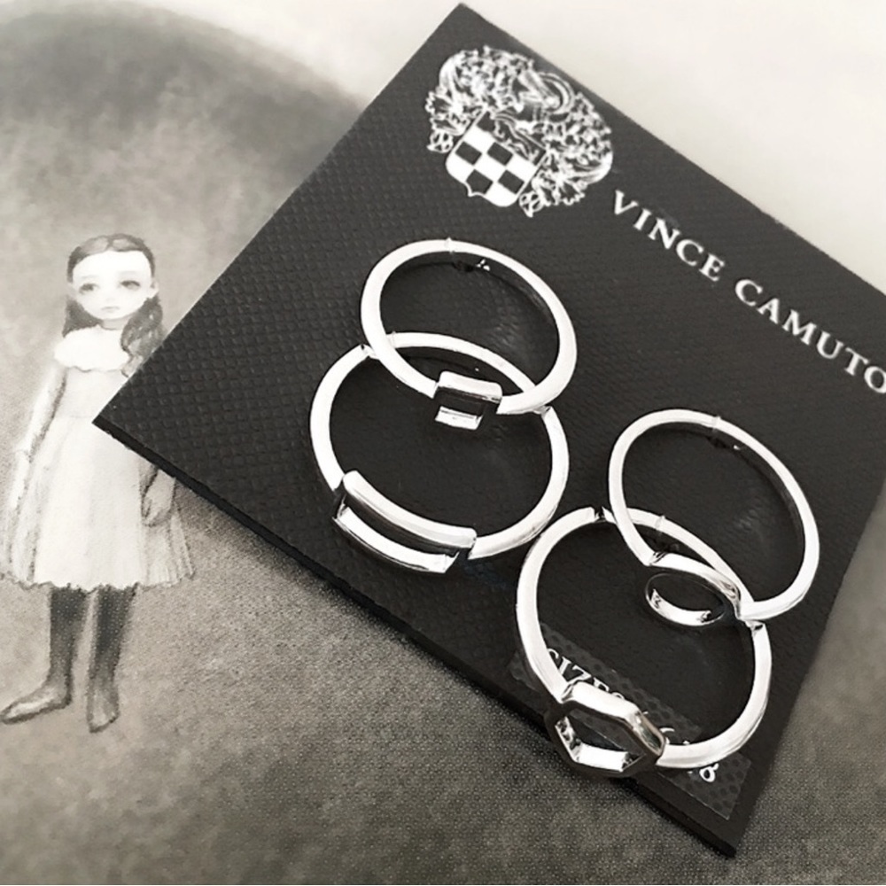 New Nwt Rhodium Plated Vince Camuto Silver Geo Stacking Stack Ring Set 35$